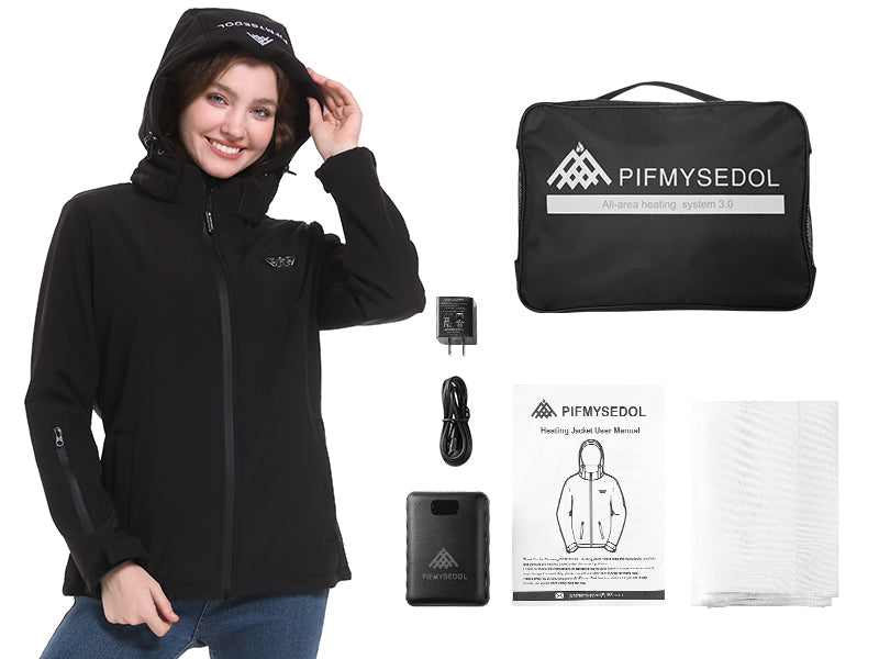 PIFMYSEDOL Women's Heated Jacket Slim Fit with Battery Pack and Detachable Hood Black