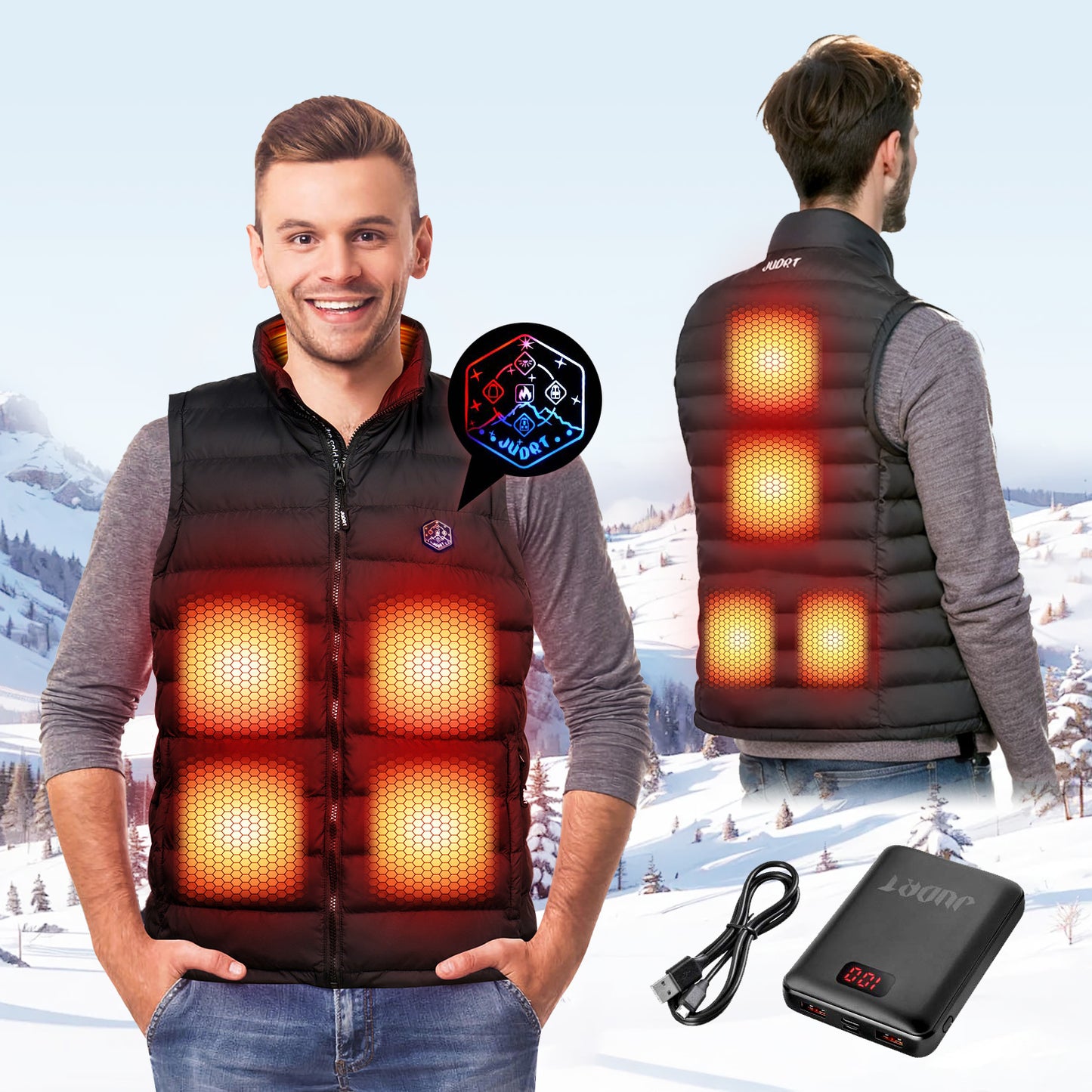 JUDRT Men's Heated Vest 7.4V 9 Heating Panels Black Color