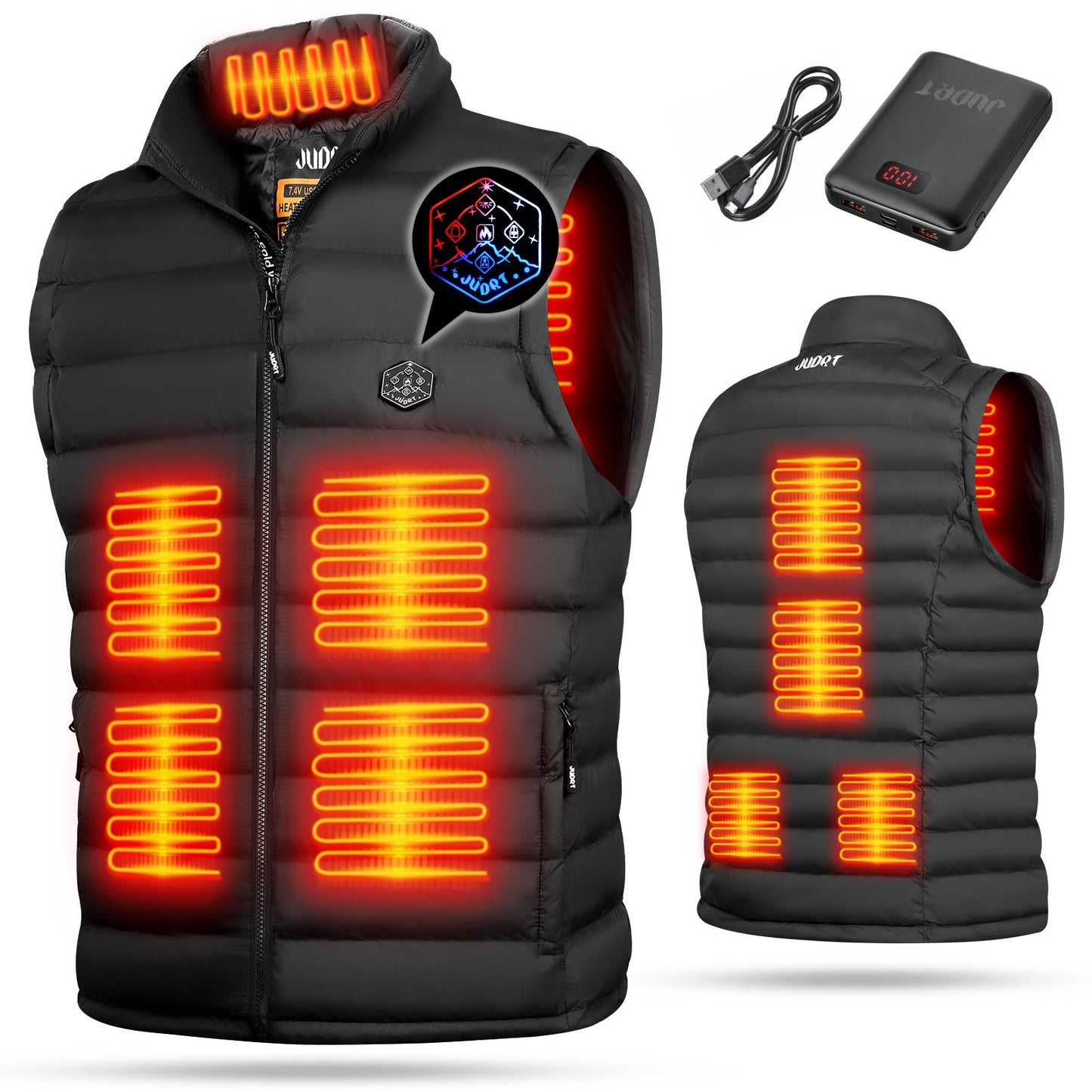 JUDRT Men's Heated Vest 7.4V 9 Heating Panels Black Color